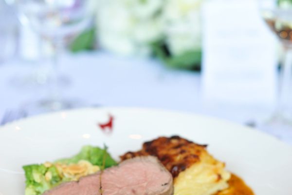 Gourmet-Mahlzeit mit Rinderfilet, Kartoffelgratin und Salat