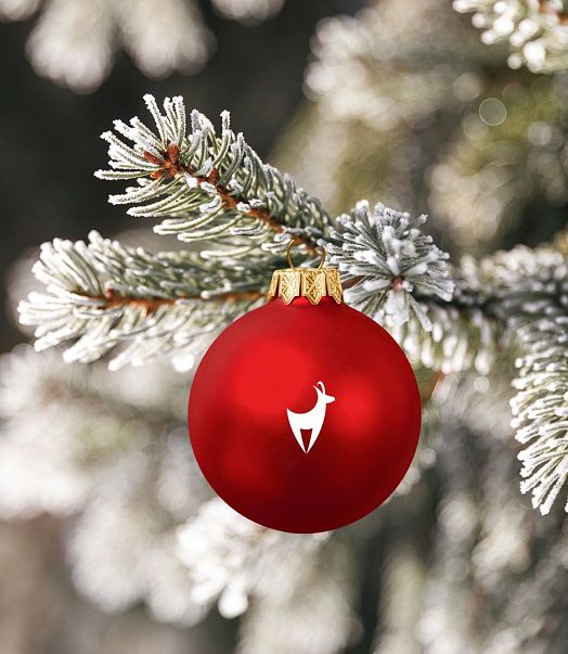 Rote Christbaumkugel mit Kitzhof Logo in weiß
