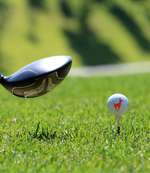 Nahaufnahme eines Golfschlägers, der bereit ist, einen weißen Golfball auf einem Tee zu schlagen. Der grüne Rasen und unscharfe Hintergründe sind sichtbar.