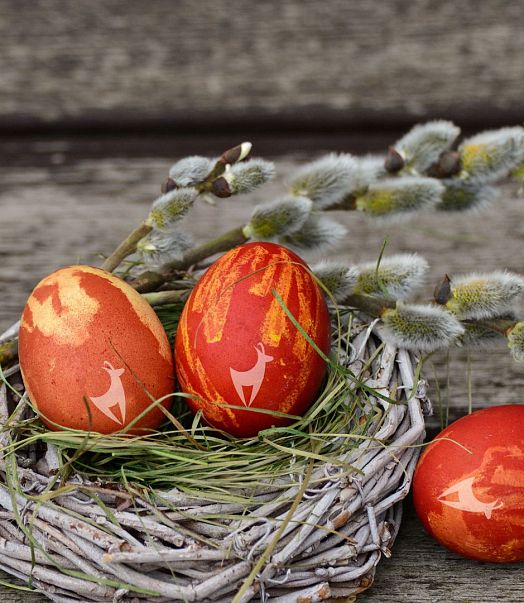 Drei rot gefärbte Ostereier liegen in einem dekorativen Nest aus Zweigen und Gras auf einem Holztisch. Ein Zweig mit Weidenkätzchen ist daneben platziert.